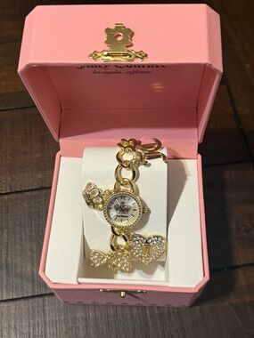 Juicy Couture Gold-Tone Charm Bracelet Watch with Crystal Heart and Bow Charms